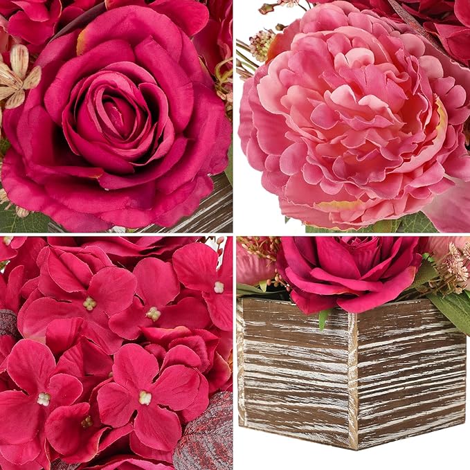 Flower Arrangement with Wooden Vase 8" Artificial Flowers in Pot - Fake Flowers Roses Peonies Hydrangeas in Wooden Vase Potted Artificial Flower Centerpieces for Table Decor Living Room - Hot Pink