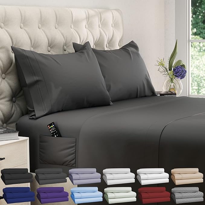 DREAMCARE King Size Sheets Set - Cooling Bed Sheets - 4pcs Set - up to 15" Deep Pocket King Sheet Set – Soft & Long Lasting Cooling - 100% Fine Brushed Polyester with Side Pocket - Gray