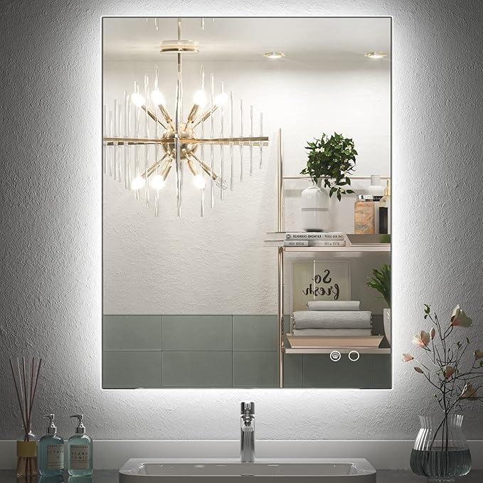 Keonjinn 24 x 32 Inch LED Bathroom Mirror with Backlit, Anti-Fog, CRI90+ HD Stepless Dimmable Mirror, High Lumen, Horizontal/Vertical Wall Mount, UL Listed Lighted Mirror, Waterproof