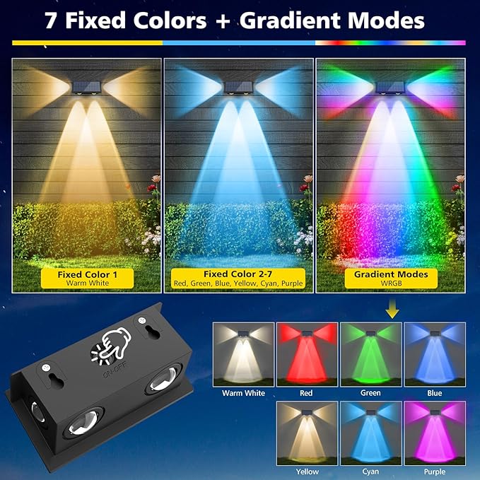 T-SUN Solar Fence Lights Outdoor, 4 Pack Waterproof Fence Lights Solar Powered 8 Mode RGB & Warm White＆Color Changing Dusk to Dawn Wall Lights for Yard Patio Step Deck Railing Pool