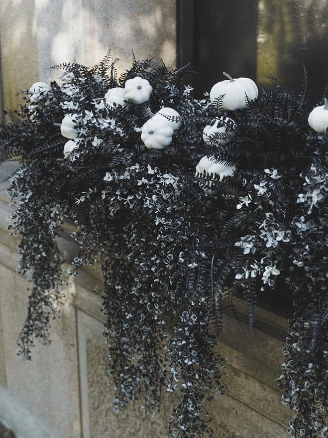12Pcs Outdoor Artificial Boxwood UV Resistant Fake Stems Plants, Black Artificial Flowers Faux Flowers for Autumn Home Kitchen Wedding Table Centerpiece Halloween Thanksgiving Decorations