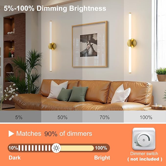 Dimmable LED Bathroom Vanity Lights 360° Full Lighting Bathroom Light Fixtures Over Mirror Vanity Light Bar Modern Wall Sconce Warm White for Bedroom Living Room Hardwired Gold, 30 inch