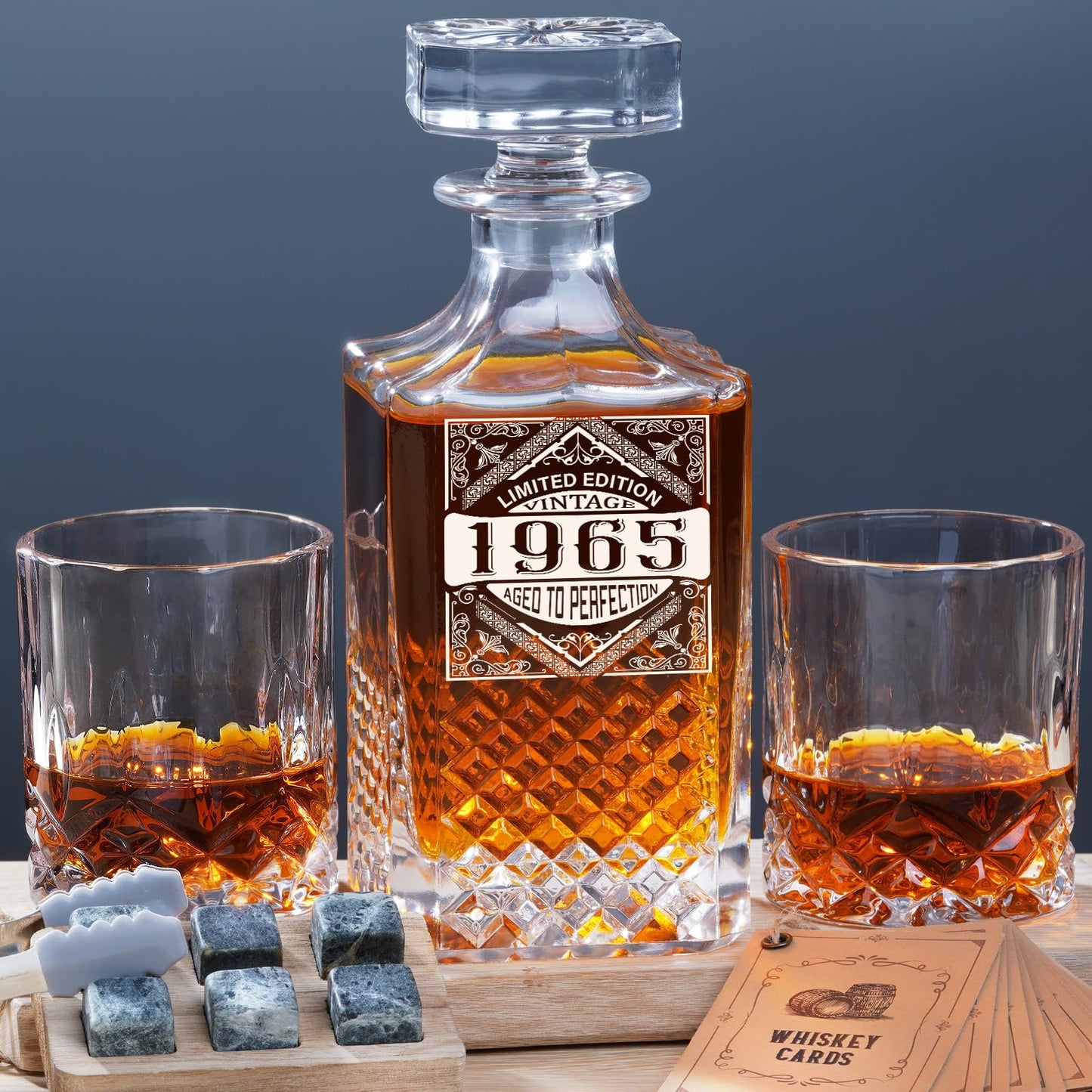PONPUR 1965 60th Birthday Gifts For Men Dad, 1965 Laser Whiskey Decanter Set with Gift Box, Anniversary Bday Gift Ideas for Him Husband, 60 Years Decorations, Whiskey Glasses & Whisky Stones Inc.