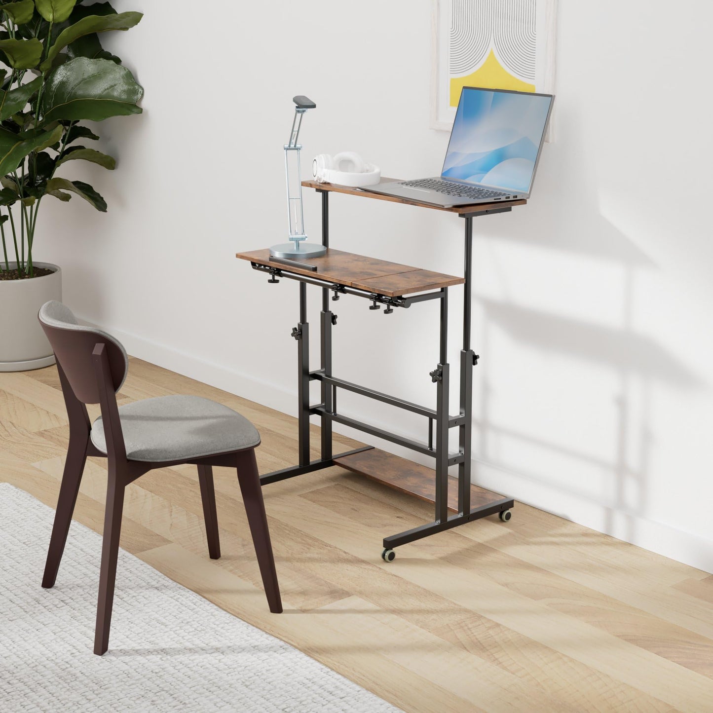 Hadulcet Mobile Standing Desk Adjustable Height, Rolling Desk Stand Up Desk, Mobile Laptop Desk, Rolling Computer Desk with Charging Station, Portable Desk with Wheels, Rustic Brown