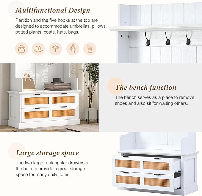 RUNNA Wooden Hall Tree with 5 Metal Hooks and 2 Large Drawers,Organizer with Bench,Top Shelves and Metal Handles,For Hallway Entryway Mudroom Use (White@Hooks)
