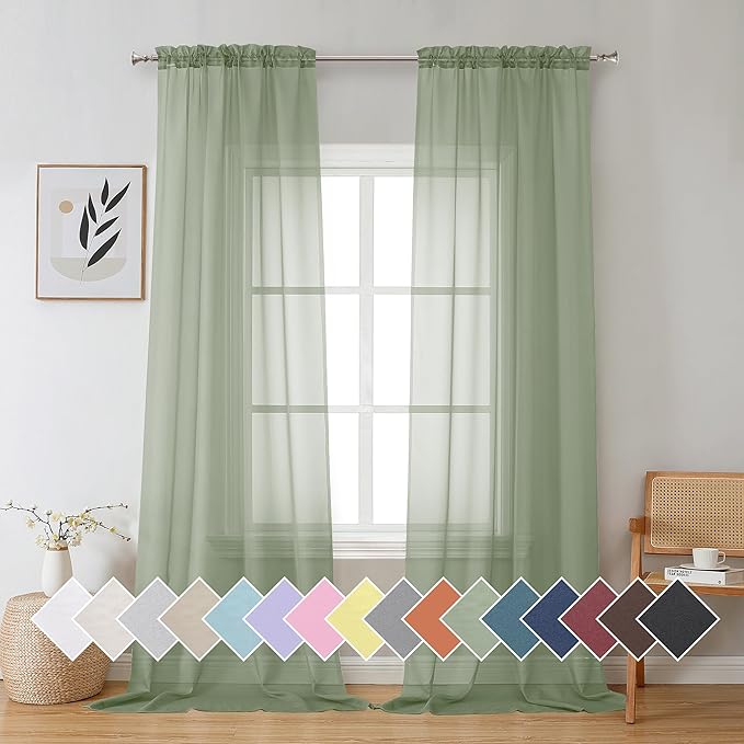 Aiyufeng Sage Green Sheer Curtains 96 Inch Length 2 PCS, Rod Pocket Voile Drapes for Bedroom Living Room, Semi Sheer Curtain Panels Window Treatments for Yard/Patio/Villa/Parlor, 40"x 96", Sage Green