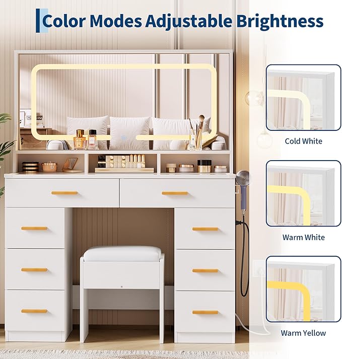 IDEALHOUSE Vanity Desk with Mirror and Lights, Makeup Table with Glass Top & 8 Drawers, 3-Color LED Mirror, Power Outlets & USB, Hair Dryer Holder, Stool Included, Dressing Table Set for Bedroom