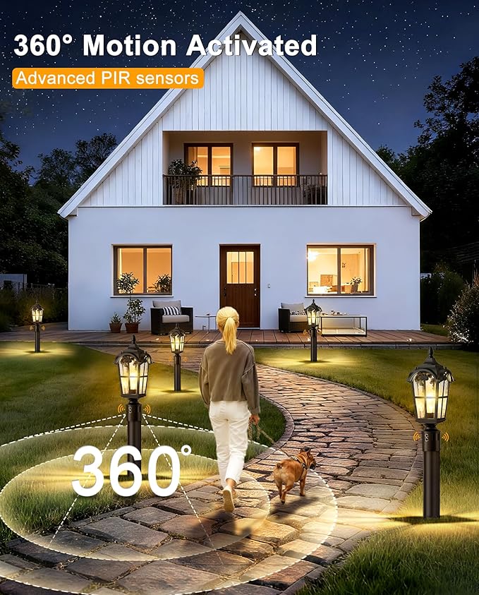 Motion Sensor Outdoor Post Lights,17.7" Dusk to Dawn Lamp Post Light Fixture, 360°Detection 3 Lighting Modes Outdoor Lighting,Waterproof Aluminum Pole Lantern for Yard Patio Pathway Garden