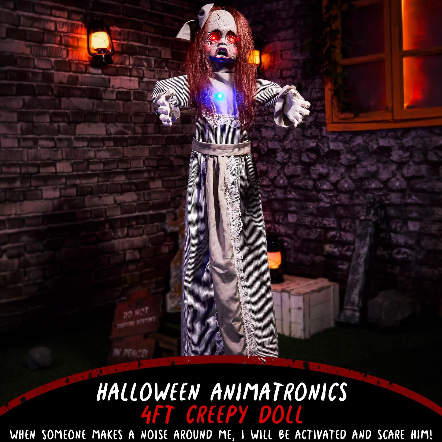 Halloween Animatronics 4ft Creepy Doll Decoration - 48inch Animated Scary Talking Doll with Sound Activated, Creepy Voice, Spooky Move, Light-Up Eyes, Horror Prop for Indoor, Outdoor, Yard Lawn