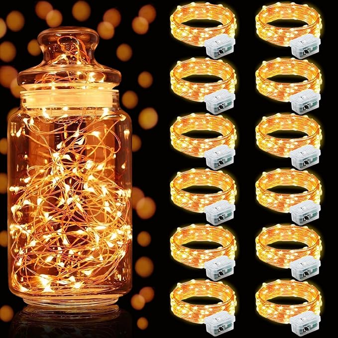 Aogist 12 Pack Fairy Lights 3 Modes 7ft 20 LED Waterproof,Battery Operated Silver Wire Firefly Starry Moon Mini String Lights for Mason Jars Christmas DIY Crafts Wedding Party Bedroom,Orange