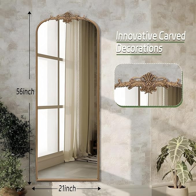 Besdomus Vintage Mirror Full Length: 21"x56" Gold Arched Full Body Mirror - Floor Antique Baroque Traditional Ornate for Entryway/Cloakroom/Bedroom/Living Room - Home Decor for Fashion-Conscious