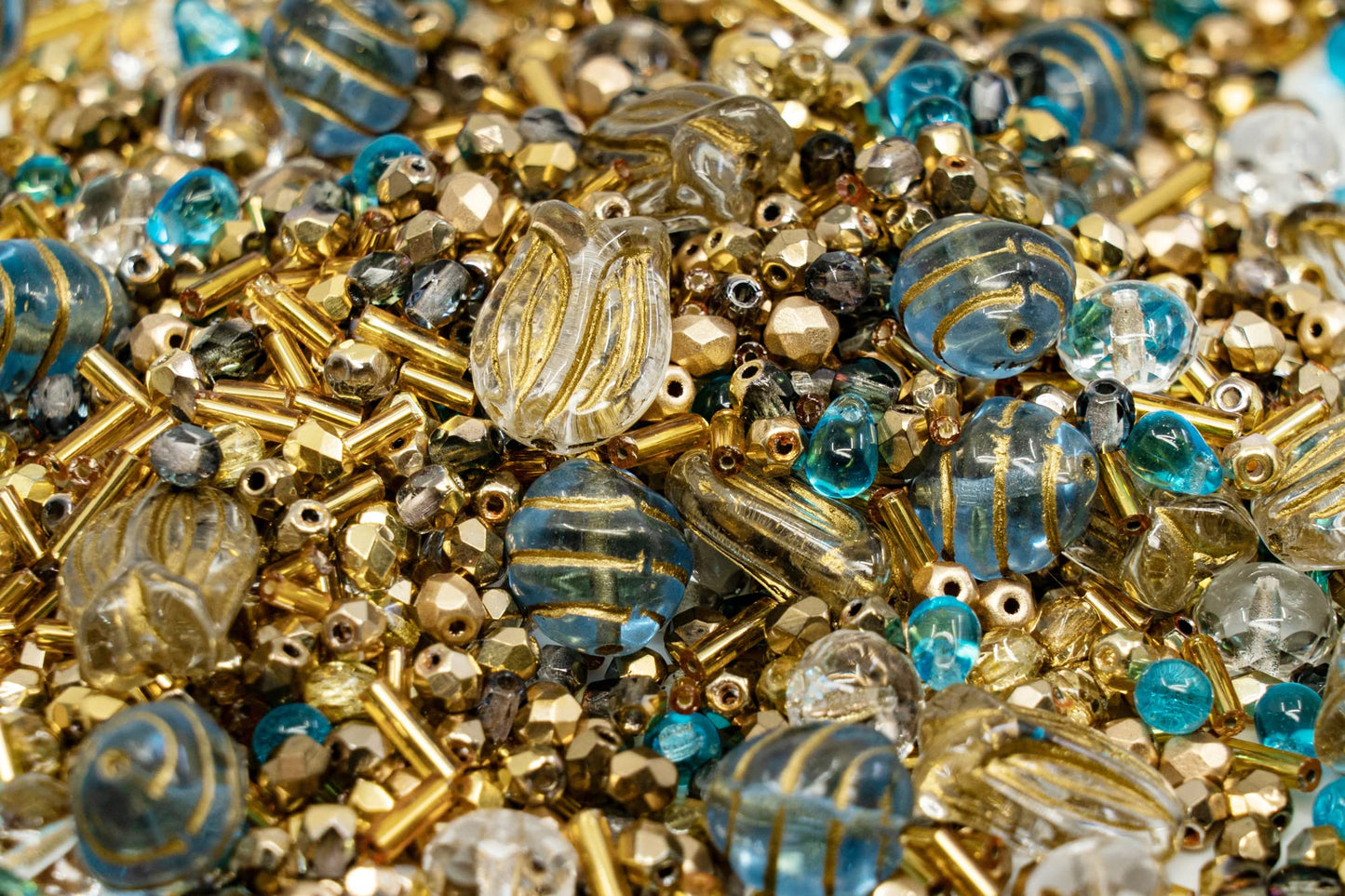 2.1oz (60 g) Mix of Unique Czech Bohemia Glass Pressed Beads, Rocailles, Aztec Pale Gold Crystal, Matte and Glossy, Hand Made BCV