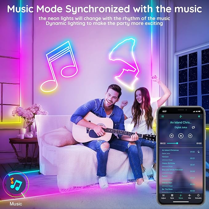 20Ft Led Rope Lights, Flexible Neon Lights Control with App/Remote, Multiple Modes, IP65 Outdoor RGB Waterproof, Music Sync Gaming Light Strip for Bedroom Decor