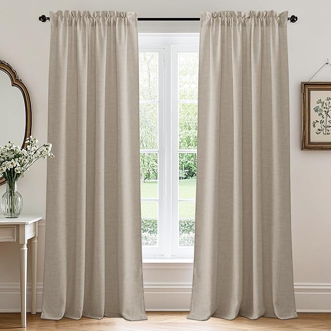 RYB HOME Natural Beige Linen Sheer Curtains 95 inches Long for Living Room and Dining Room, Weave Textured/Rod Pocket, Light Filtering Sheer Curtains and Drapes, W 52 x L 95 inches, 2 Panels Set
