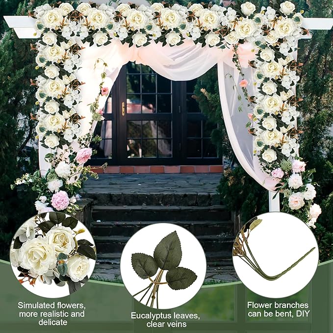 Peony Artificial Flowers, Faux Peonies Hydrangea Eucalyptus Bouquet 12 Packs Silk Vintage Realistic Peony Floral Arrangement for Wedding Centerpiece Table Vase Home Party Decor-Ivory White