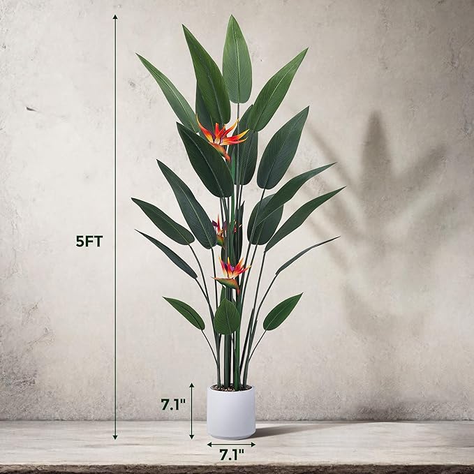 Artificial Bird of Paradise Plant 5 Ft Tall Fake Banana Leaf Plant for Indoors and Outdoors, Artificial Flowers, Faux Palm Tree with Plastic Pot for Office and Home Decor