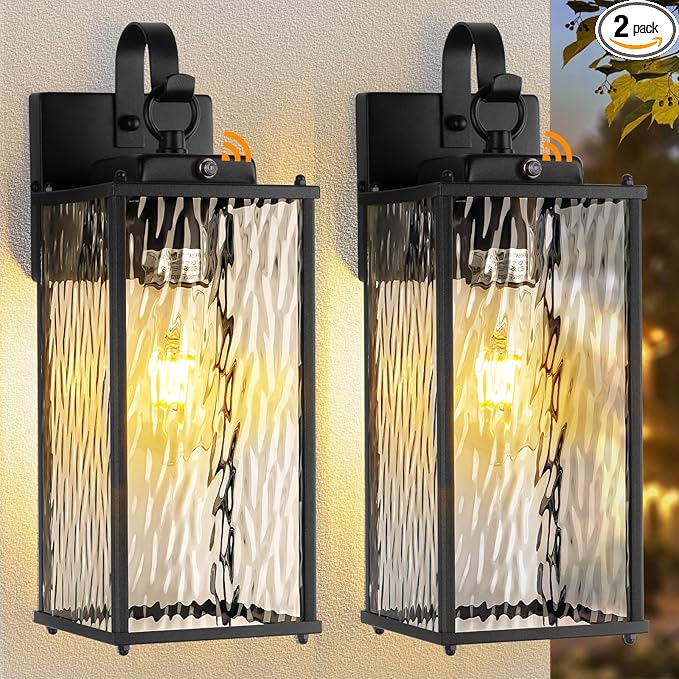 2-Pack Dusk to Dawn Outdoor Lighting with Water Ripple Glass, IP65 Waterproof Matte Black Front Porch Lights Photocell Sensor Exterior Light Fixtures Outdoor Wall Sconces Coach Lights