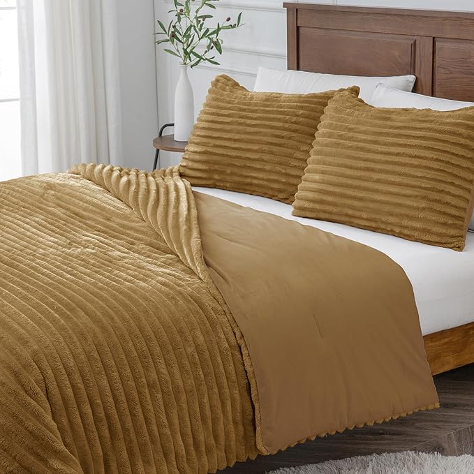 BEDELITE Fleece King Comforter Set -Super Soft & Warm Fluffy Brown Bedding, Luxury Fuzzy Heavy Bed Set for Winter with 2 Pillow Cases