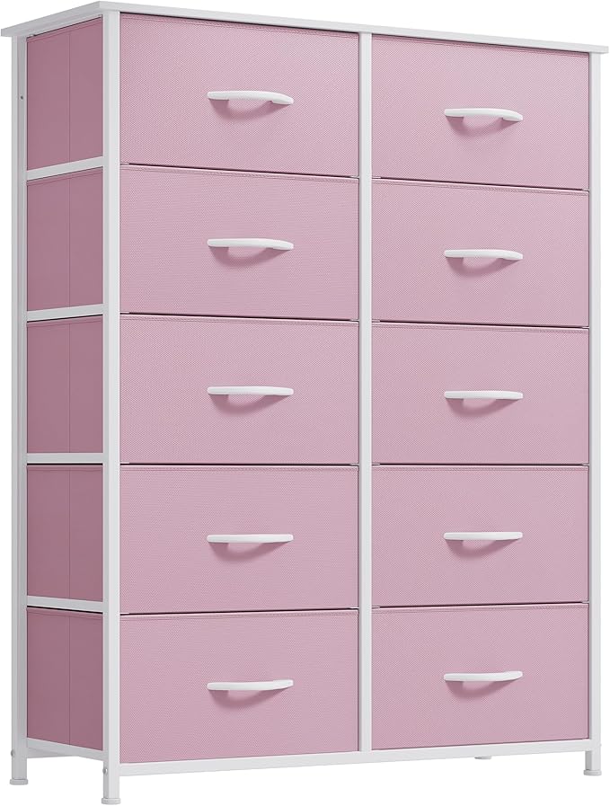 YITAHOME 10 Drawer Dresser - Fabric Storage Tower, Organizer Unit for Bedroom, Living Room, Hallway, Closets - Sturdy Steel Frame, Wooden Top & Easy Pull Fabric Bins, Pink