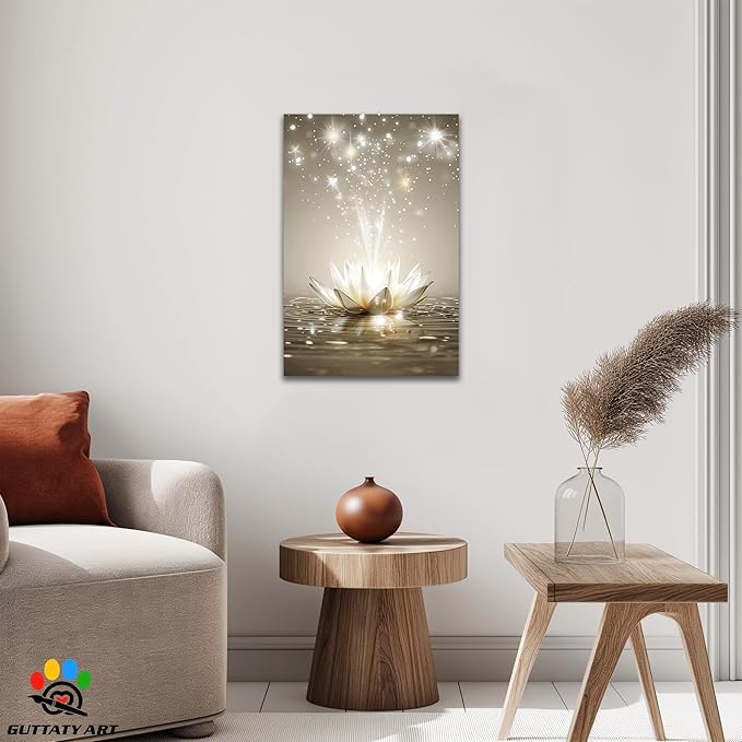 Zen White Lotus Flower Canvas Wall Art, Lotus Floral Pictures Wall Print, Spiritual Water Lily Canvas Prints, Lotus Bloom on Water Poster, Zen Meditation Spiritual Artwork for Yoga Spa Room 12x18 inch