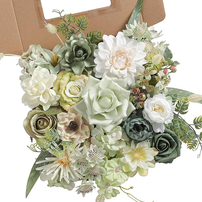 Forest Green Artificial Flowers Combo Box Set Silk Flowers Fake Rose for DIY Floral Arrangements Wedding Bouquets Centerpieces Baby Shower Party Home Decorations