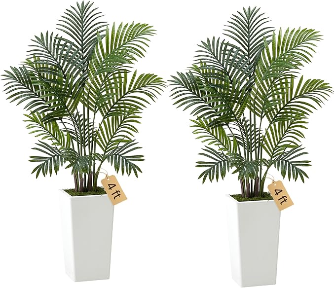 VEVOR Artificial Areca Palms 4 ft, 2 Pack Fake Palm Tropical Plants with White Tall Planter, Faux Floor Silk Plant in Pot, Large Tree for Home Office Living Room Decor House Warming, Indoor Outdoor