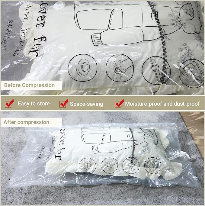Hanging Vacuum Storage Bags 5 Pack Reusable Space Saver Bags for Clothes 43.3 x27.6 inch Vacuum Seal Storage Bag Dresses Space Bags for Suits, Coats or Jackets, Closet Organizer and Storage