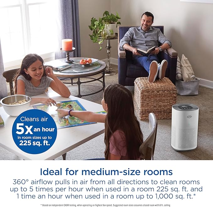 Clorox HEPA Air Purifiers for Home, True HEPA Filter, Medium Rooms Up to 1,000 Sq Ft, Removes 99.9% of Mold, Viruses, Wildfire Smoke, Allergens, Pet Allergies, Dust, AUTO Mode, Whisper Quiet