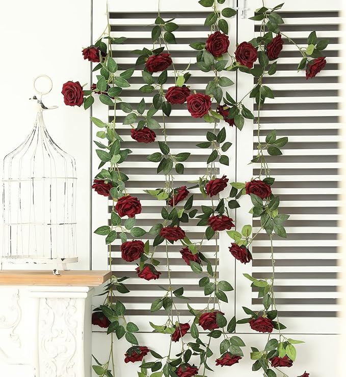 2 Strands 73'' Artificial Silk Rose Flower Vines Garland, Fake Roses Floral Green Leaves Hanging Plant for Wedding Arrangement Decoration, Wall, Party, Bedroom, Home Decor (Burgundy)