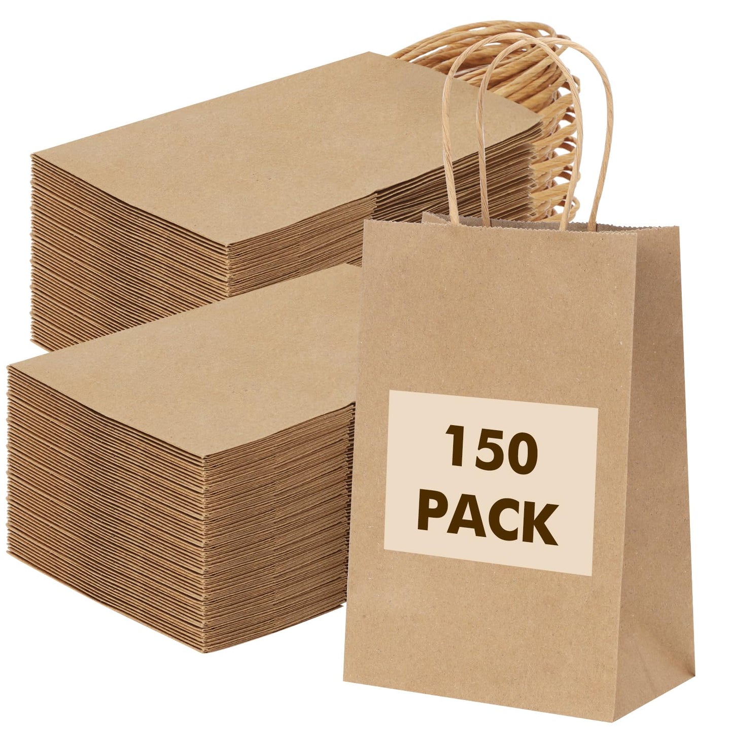 OUTUXED 150pcs Brown Paper Gift Bags, 8x4x10in Brown Kraft Paper Bags with Handles Bulk Medium Size for Retail, Shopping, Wedding, Favor, Birthday Party, Business, Grocery