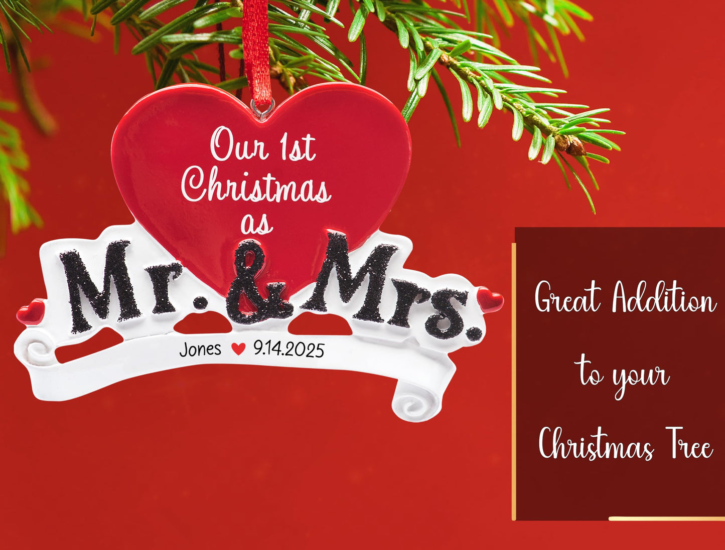 UniqXmas Personalized Our First Christmas as Mr and Mrs Ornament 2025 | Customized Newlywed Heart for Xmas Tree | 1st Year Married Couple Wedding Marriage Bridal Shower Custom Keepsake Gift