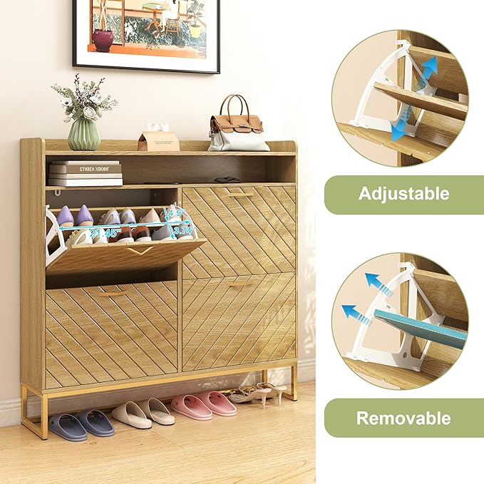 Hadulcet Hidden Shoe Cabinet with 4 Flip Drawers, Long Wood Shoe Storage Cabinet for Entryway Closet, Narrow Freestanding Shoe Rack Organizer w/Adjustable Shelves, Metal Legs, Cupboard, Natural Wood