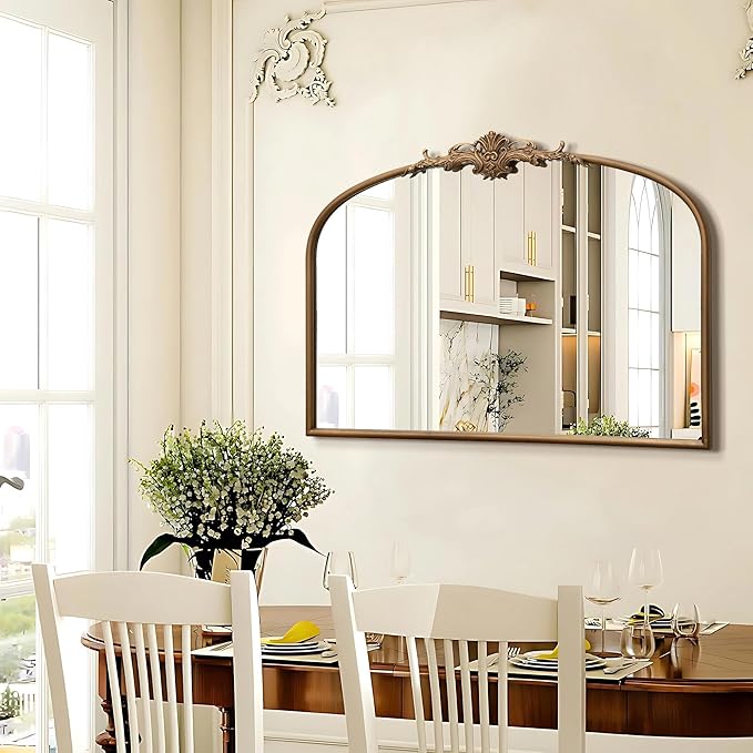 Besdomus Vintage Arched Gold Mirror: 32"x24" Large Gold Vintage Wall Mounted Mirror - Baroque Traditional Ornate for Bedroom/Fireplace/Bathroom/Hallway - Wall Decor for Fashion-Conscious