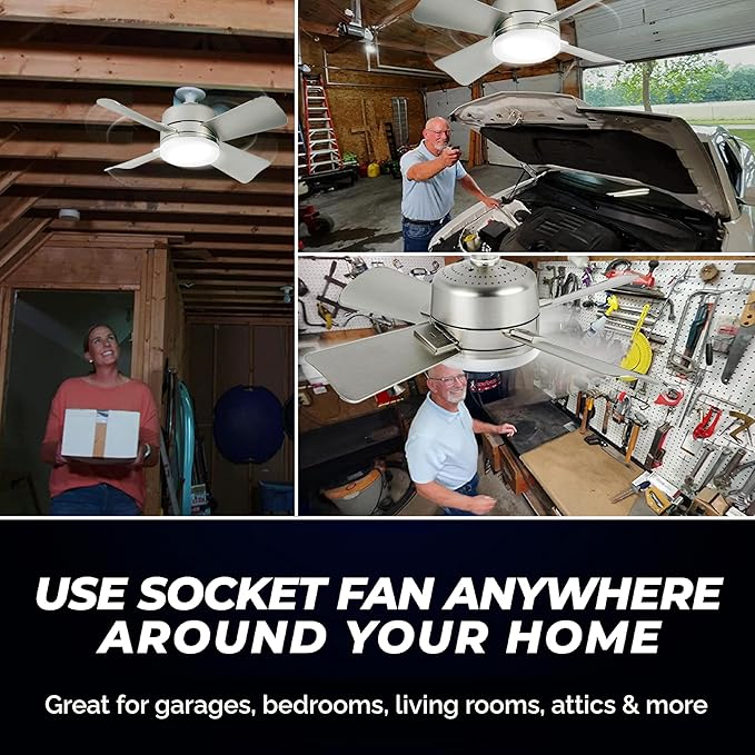 Bell+Howell Socket Breeze Cool Light Deluxe Silver – Ceiling Fans with LED Lights and Remote Control, Replacement for Lightbulb - Bedroom, Kitchen, Living Room,1000 Lumens / 5000 Kelvins