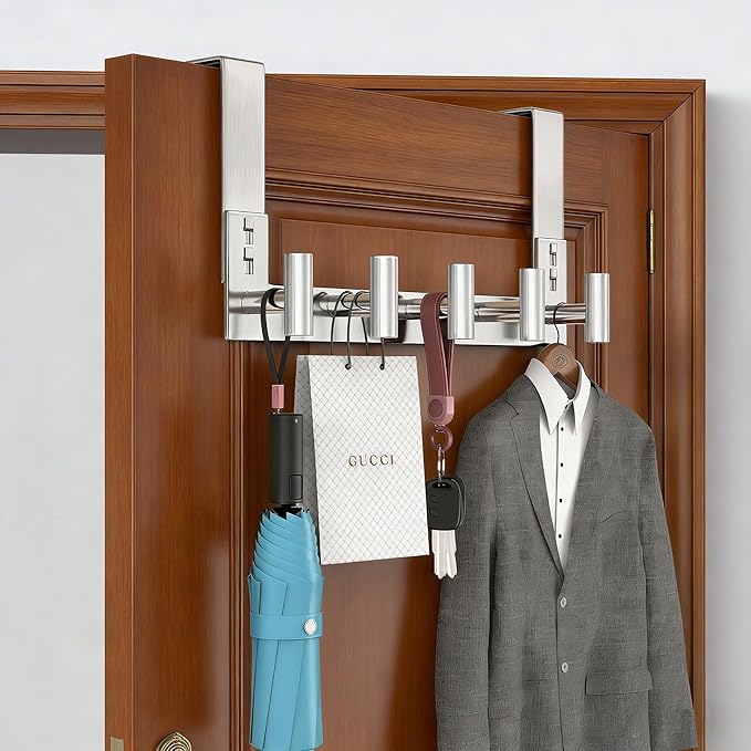 PMMASTO Over The Door Hooks, Door Hanger Hook for Hanging, Coat Rack Organizer for Bathroom, Towel Holder Bathroom Accessories (Silver 5 T-Hooks-Fits 1-3/4" Thick Door)