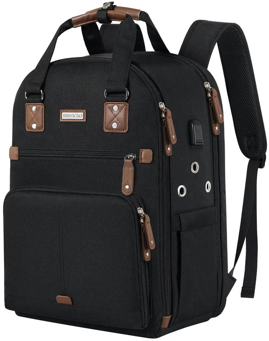 Crochet Bag Backpack,Knitting Bag Backpack and Totes Organizer with USB Charging Port, Large Yarn Storage Tote Bag Yarn Holder Case for Knitting Needles, Crochet Hooks,fits 15.6 inch Laptop,Black