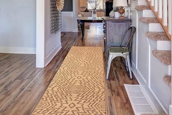 Custom Length Cut to Size Tribal Ethnic Southwestern Inspired Hallway Runner Rug, Non Slip Rubber Backed, 31 inch Wide X Customized Length, Inca Tan, 31 inch X 9 feet