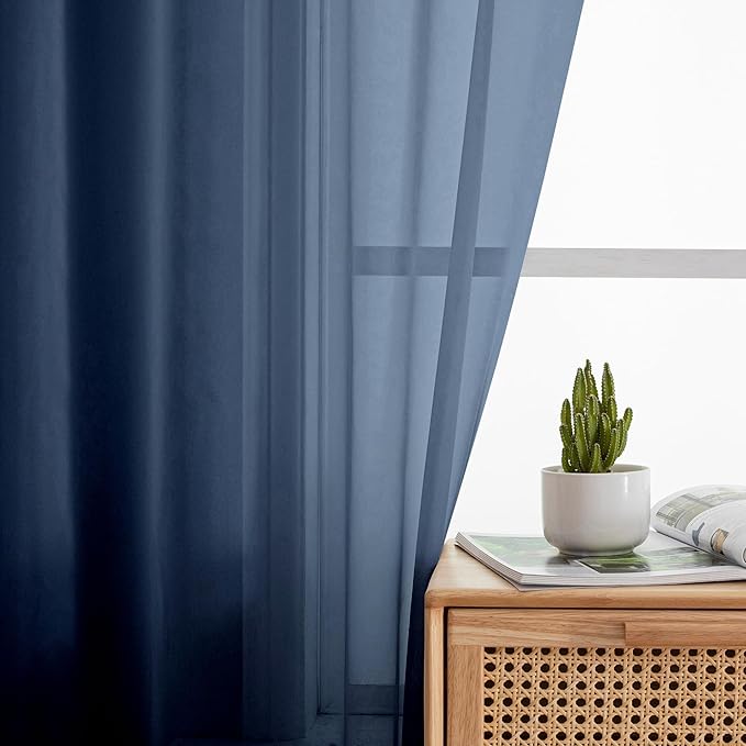 Aiyufeng Navy Blue Sheer Window Curtain Panels 54 Inch, Set of 2, Light Filtering Solid Voile Kitchen Curtains Drapes for Small Window/Kid's Room/Bathroom/Living Room/Bedroom, Rod Pocket, 40W x 54L