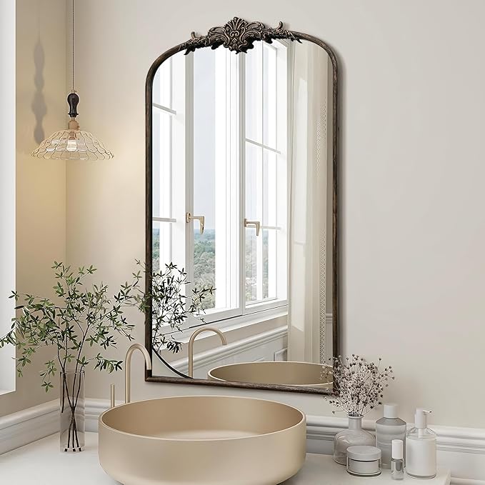 Besdomus Vintage Black Arched Mirror: 24"x42" Large Arch Black Antique Wall Mounted Mirror - Traditional Ornate Home Decor for Living Room/Entryway/Fireplace/Bathroom - Idea for Young Couples