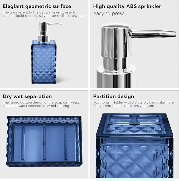 Bathroom Accessory Set, 4 PCS Blue Bathroom Accessories Sets, Soap Dispenser and Toothbrush Holder Set, Soap Dish and Mouthwash Cup, Boho Bathroom Decor, Bathroom Sets Accessories