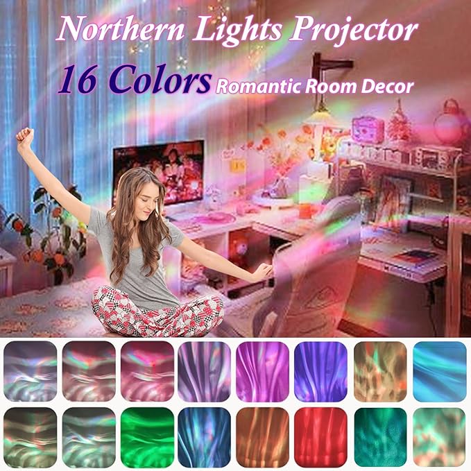 Northern Lights Projector,16 Colors Rechargeable Ocean Waves Night Light,Remote Shower Lamp for Meditation Relaxation,Cute Home Decor Aesthetic,Teen Girls Boys Gifts,Christmas Birthday,Cool Stuff