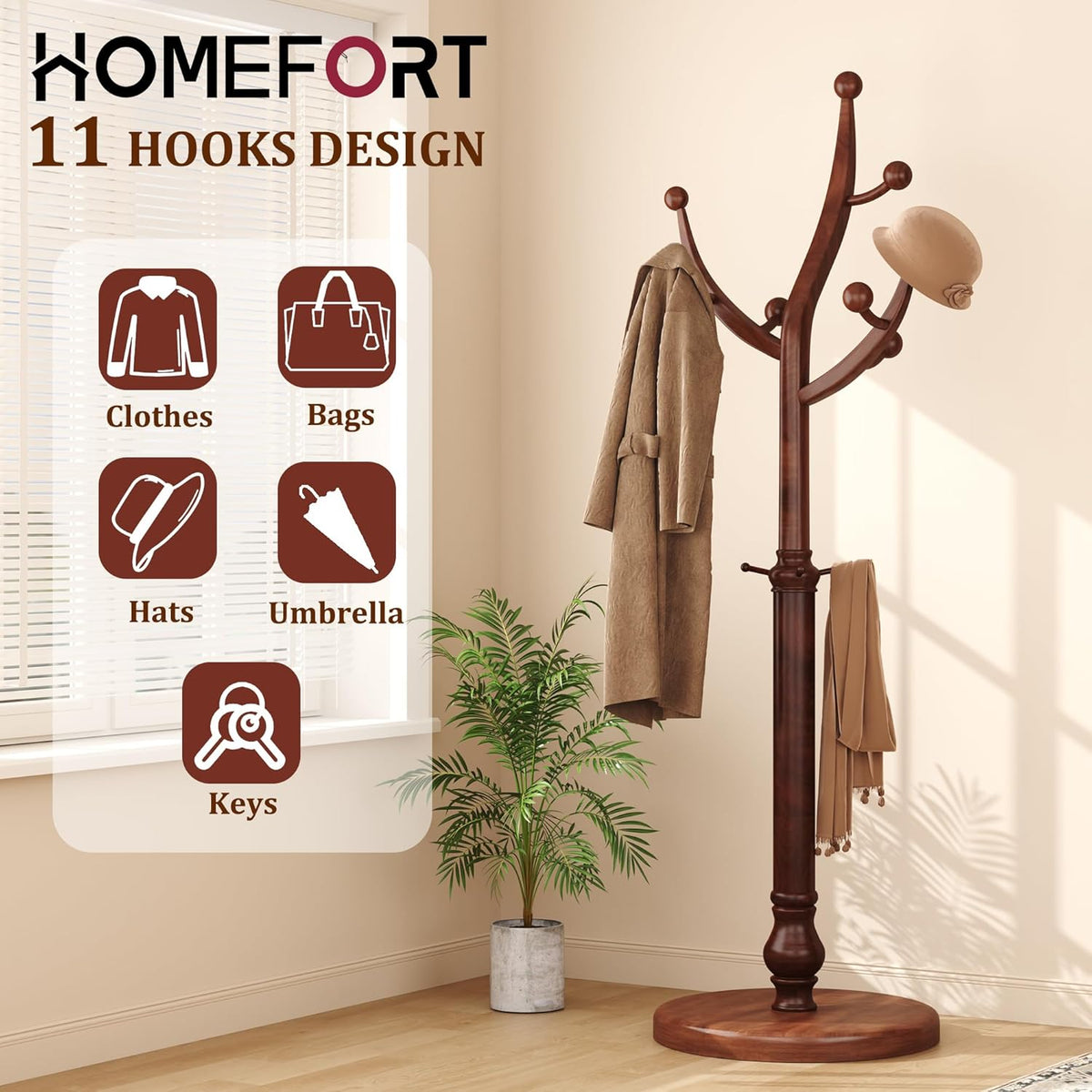 HOMEFORT Coat Rack Freestanding, Wooden Coat Rack with 11 Hookss, Rubber Wood Coat Hanger with Sturdy Round Base, Vintage Coat Hat Rack for Entryway, Hallway, Bedroom,Walnut