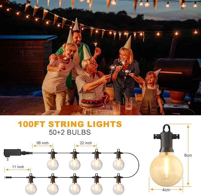 Outdoor String Lights, 100FT 4-Color LED Patio Lights with 50 Shatterproof G40 Globe Bulbs, Waterproof Hanging Lights for Outside, Backyard, Porch, Balcony, Gazebo, 2700K/3000K/4000K/6000K