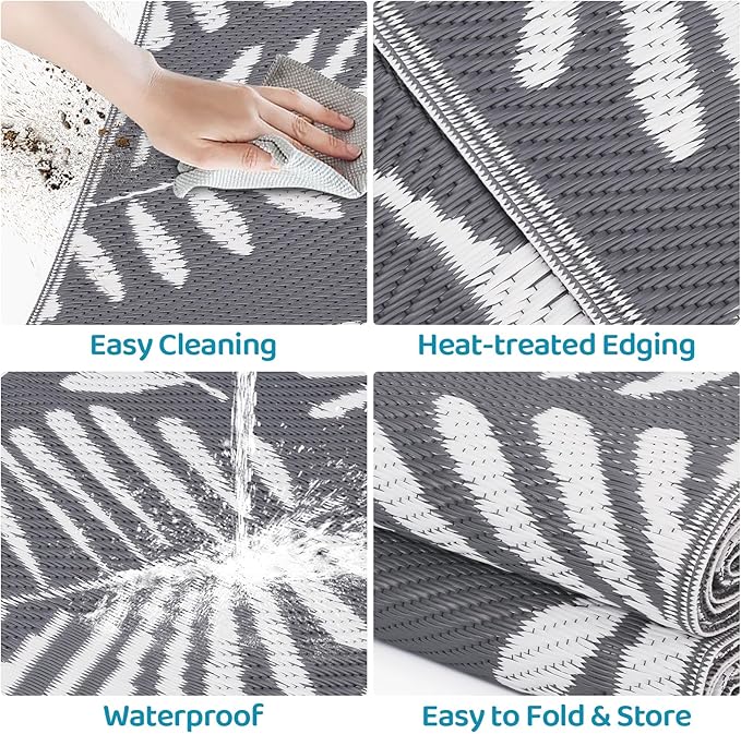 Outdoor Rug, Patio Rug, Plastic Straw Camping Rugs, Large Waterproof Area Rug and Mat for Outdoors, RV, Patio, Backyard, Deck, Porch, Beach, Balcony, (4'x 6', White&Gray)