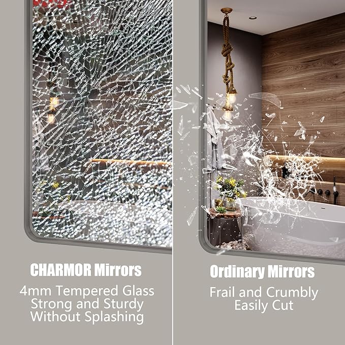 48x30 Silver Brushed Bathroom Mirror for Wall, Brushed Silver Metal Framed Bathroom Vanity Mirror, Rounded Rectangle Mirror, Shatterproof, Anti-Rust (Horizontal/Vertical)