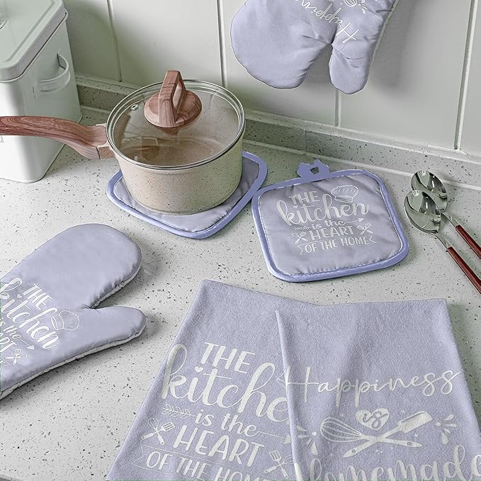 Sratte 6 Pcs Kitchen Decor Accessories Set Farmhouse Towels Pot Holders Oven Mitts Set 2 Dish Towels 2 Potholders 2 Cooking Mittens Oven Glove for Christmas Baking Cooking(Dreamy Purple,Kitchen)