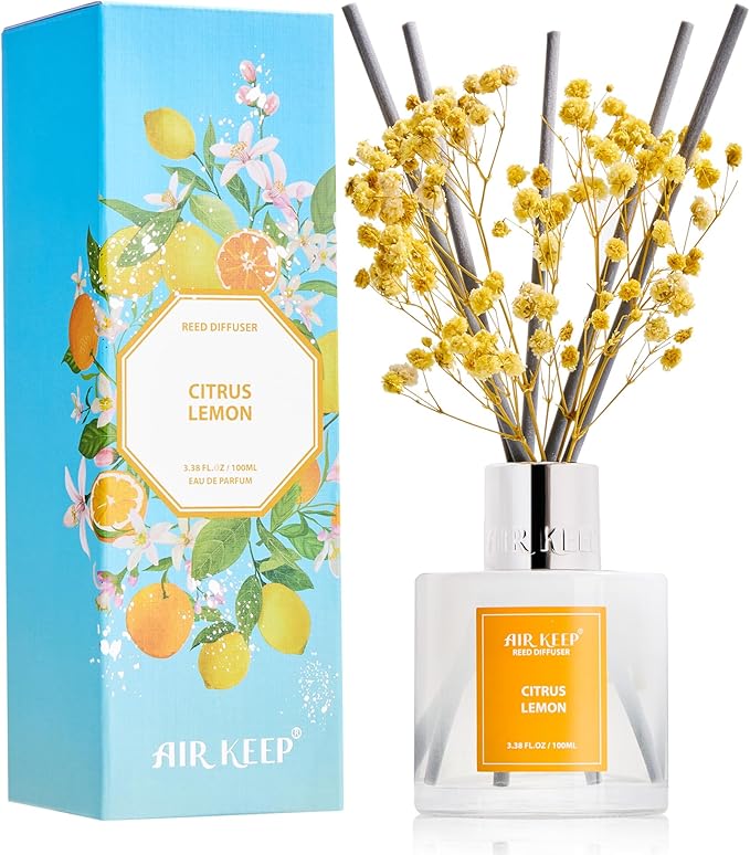 Airkeep Reed Diffuser Set,3.38 fl oz (100 ml) - Citrus Lemon Oil Diffusers with 8 Reed Sticks, Home Fragrance Reed Diffuser for Bathroom Shelf Decor