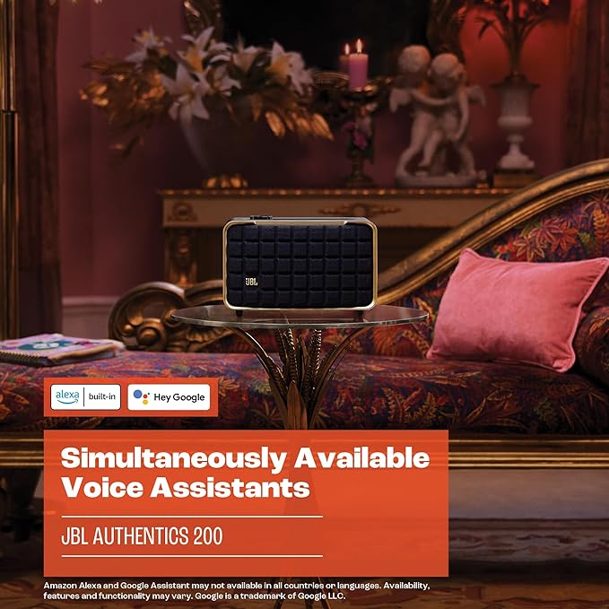 JBL Authentics 200 - Retro Style Smart Home Speaker with Built in Wi-Fi, Bluetooth and Voice Assistants, Alexa and Google Assistant, Multi-Room Playback, Automatic self tuning (Black/Gold)