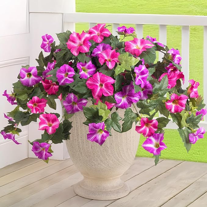 Artificial Fake Flowers Plants for Outdoor Decoration, 2PCS Faux Petunias Silk Flower UV Resistant No Fade Floral for Home Outside Garden Balcony Yard Porch Realistic Indoor Decor (Red Lotus)