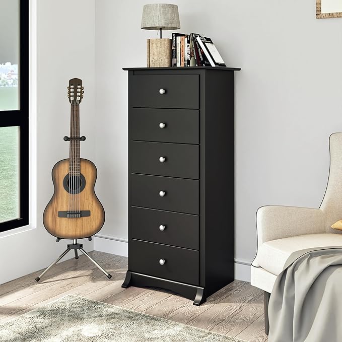 Prepac Sonoma 6 Drawer Dresser for Bedroom, Tall Chest of Drawers, Bedroom Furniture, Clothes Storage and Organizer, 19" D x 23.25" W x 52.75" H, Black
